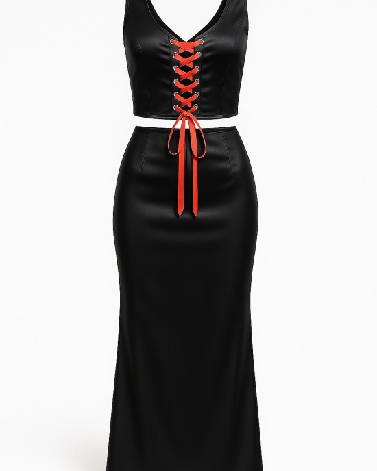 Φούστα Μαύρη δετό κόκκινο κορσέ Φούστα Μαύρη δετό κόκκινο κορσέ